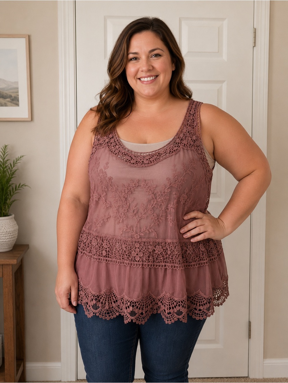 🌸 Ricki's Dusty Rose Crochet & Lace Tank